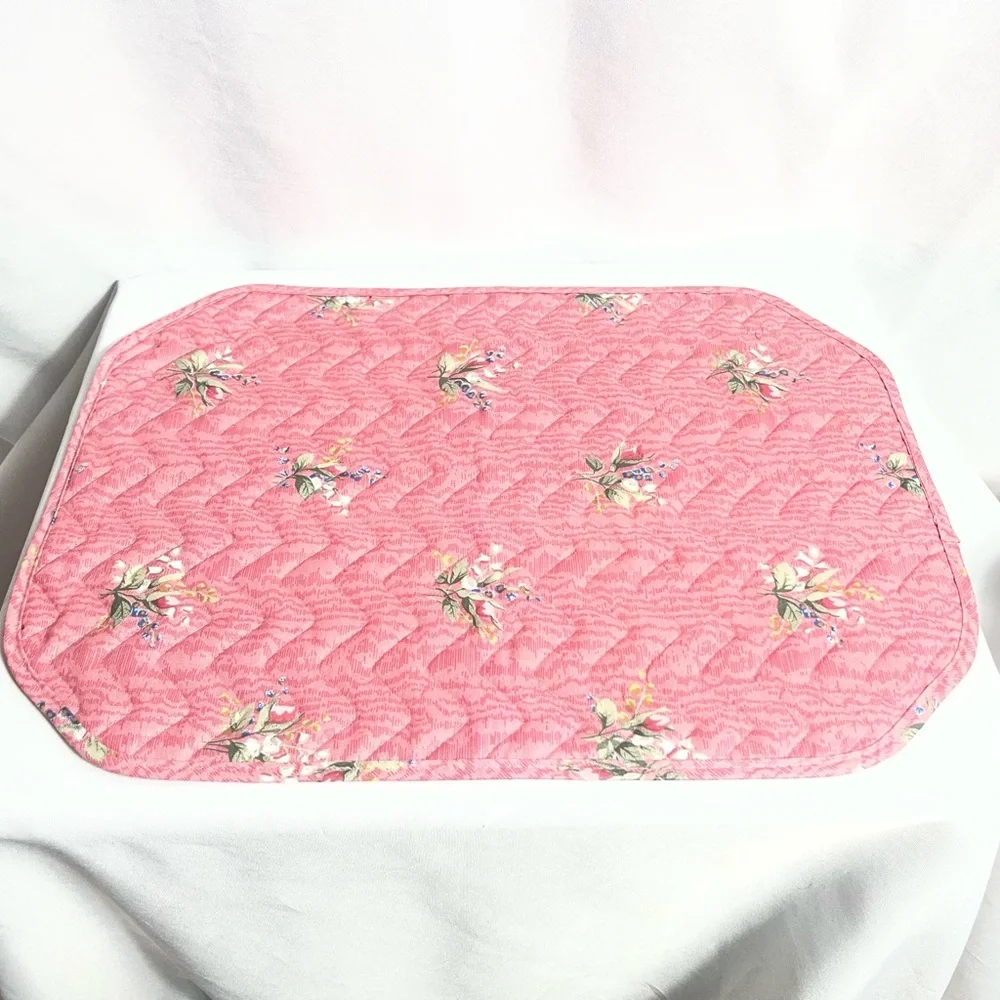 Set of 10 Quilted Floral Placemats Pink Rose Stripe Reversible Cottagecore